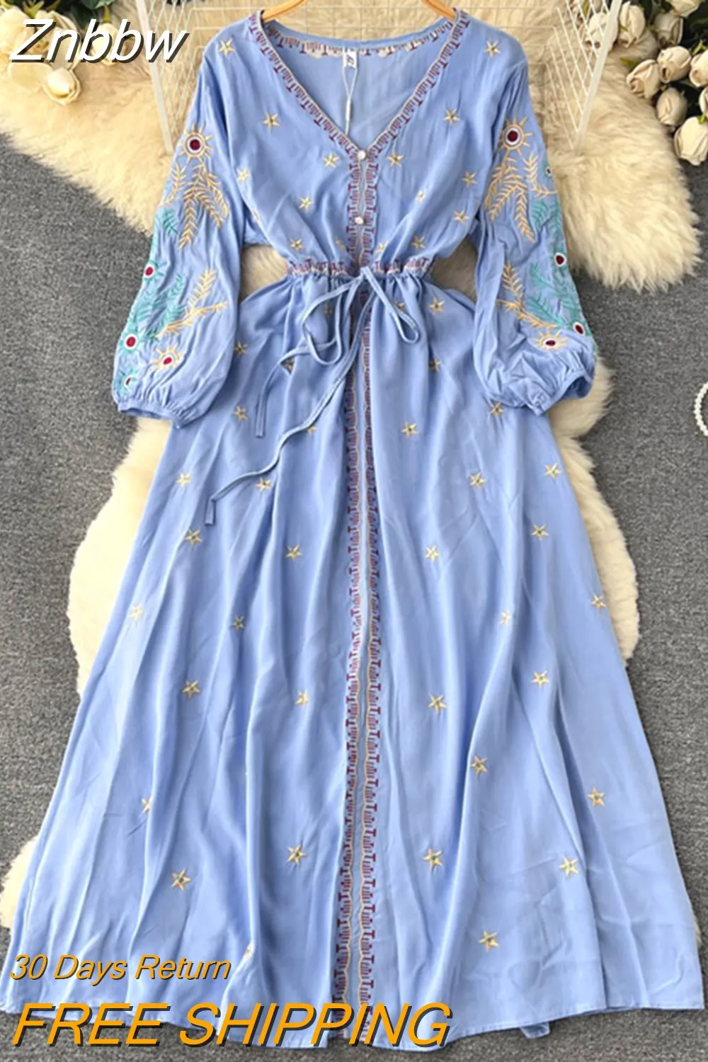 Znbbw Ethnic Style Lace Up Lantern Sleeve Waist Slimming Embroidery Red Temperament Dress Stunning Long Vestidos Women D1473 - Image 6