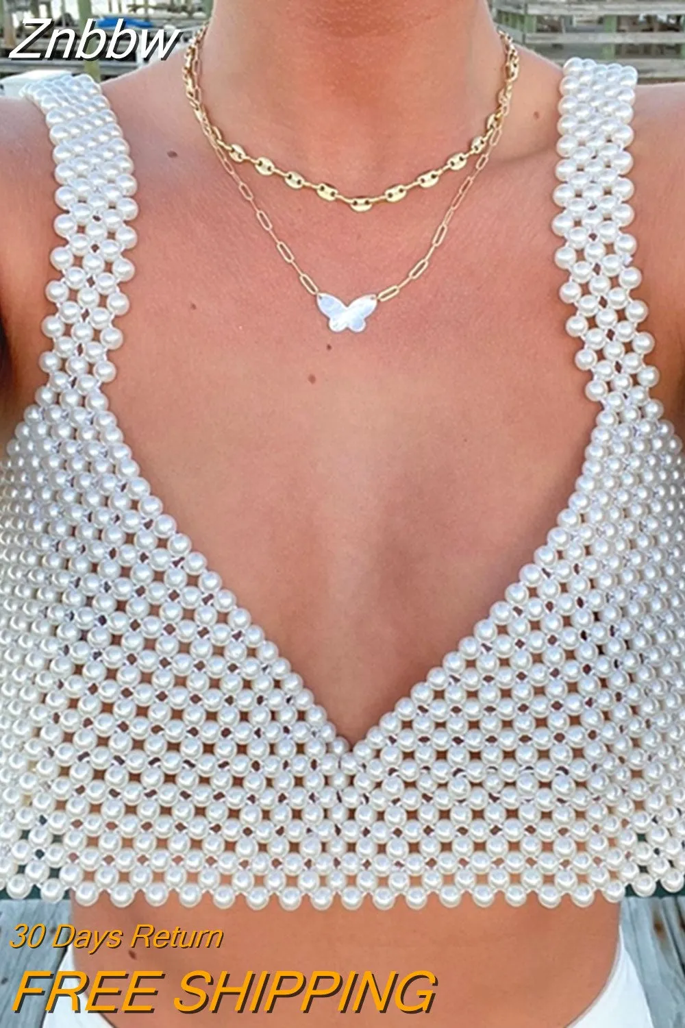 Znbbw Fashion Elegant Sexy Hollow Pearl Camisole Women V Neck Solid Color Sleeveless Tank Top Streetwear Summer Casual Crop Top - Image 5