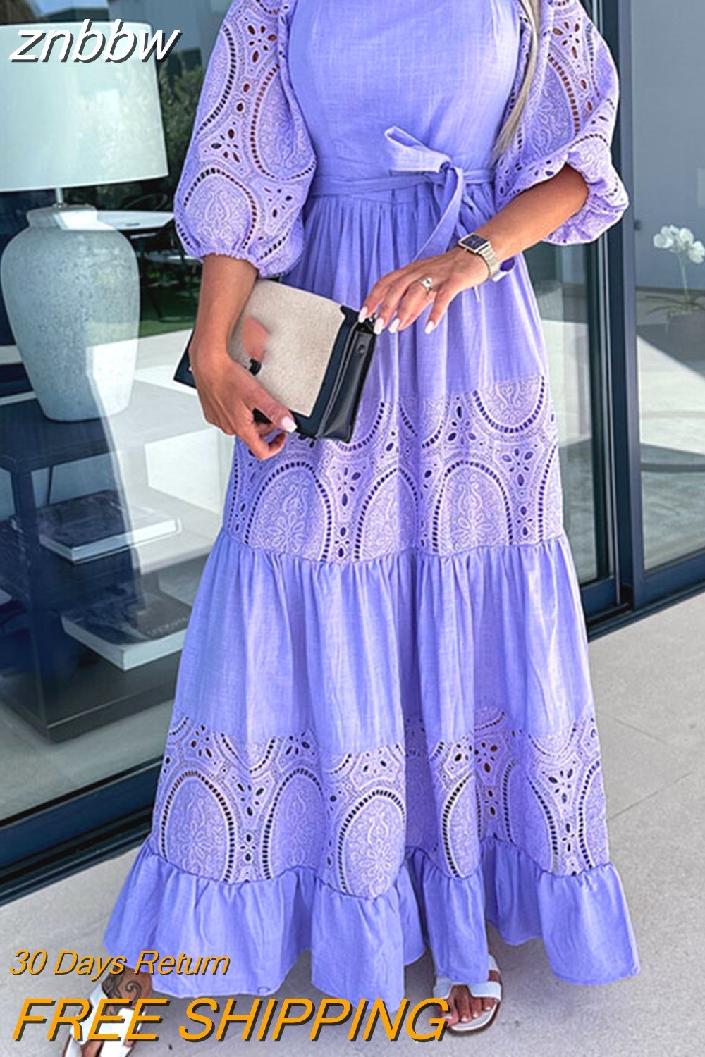 znbbw Women Retro Loose Beach Dress Fashion New Lace Patchwork Ladies Elegant Dress Temperament Square Collar Tie-Up Ruched Maxi Dress - Image 5