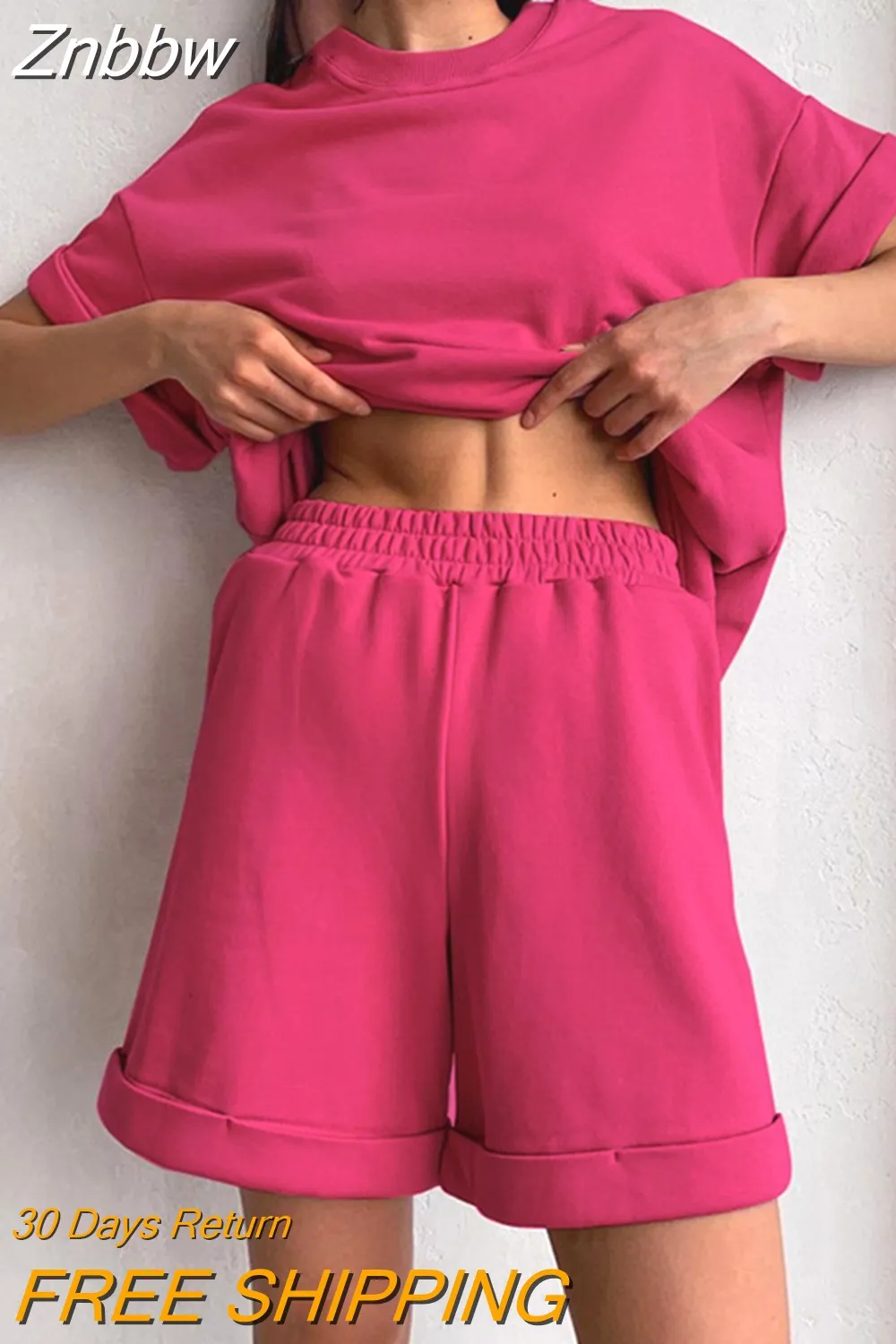 Znbbw Women Tracksuit Summer Cotton Shorts with T-shirt Casual Two Piece Sets Loose Pants Suits Top Woman Elastic Waist Shorts Outfits - Image 4