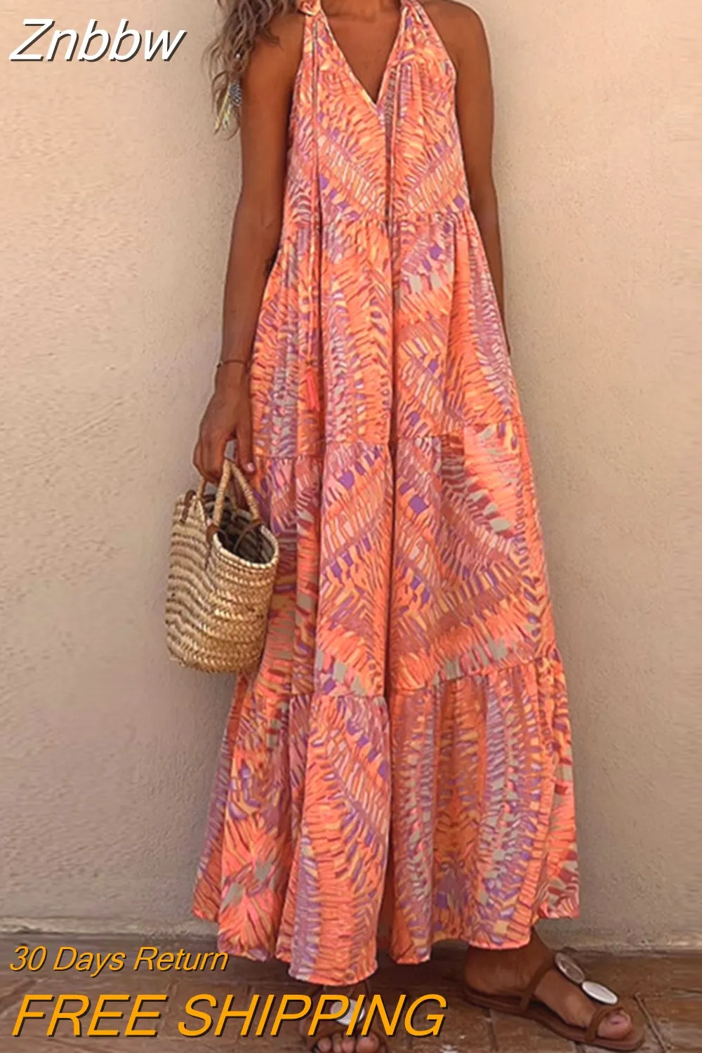 Znbbw Women's V-neck Hollow Strap Backless Beach Dress Casual High Waist Pleated Boho Dresses 2023 Elegant Printed Long Dress Vestidos - Image 3