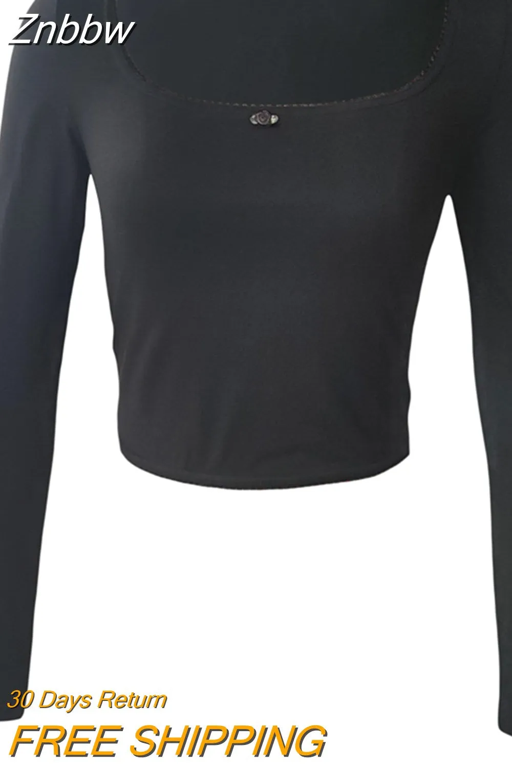 Znbbw Women Y2K Fairy Vintage Lace Trim Flower Long Sleeve Crop Tops Square Neck Solid Slim Fit T-shirts Tops 2000s Aesthetic Clothes - Image 2