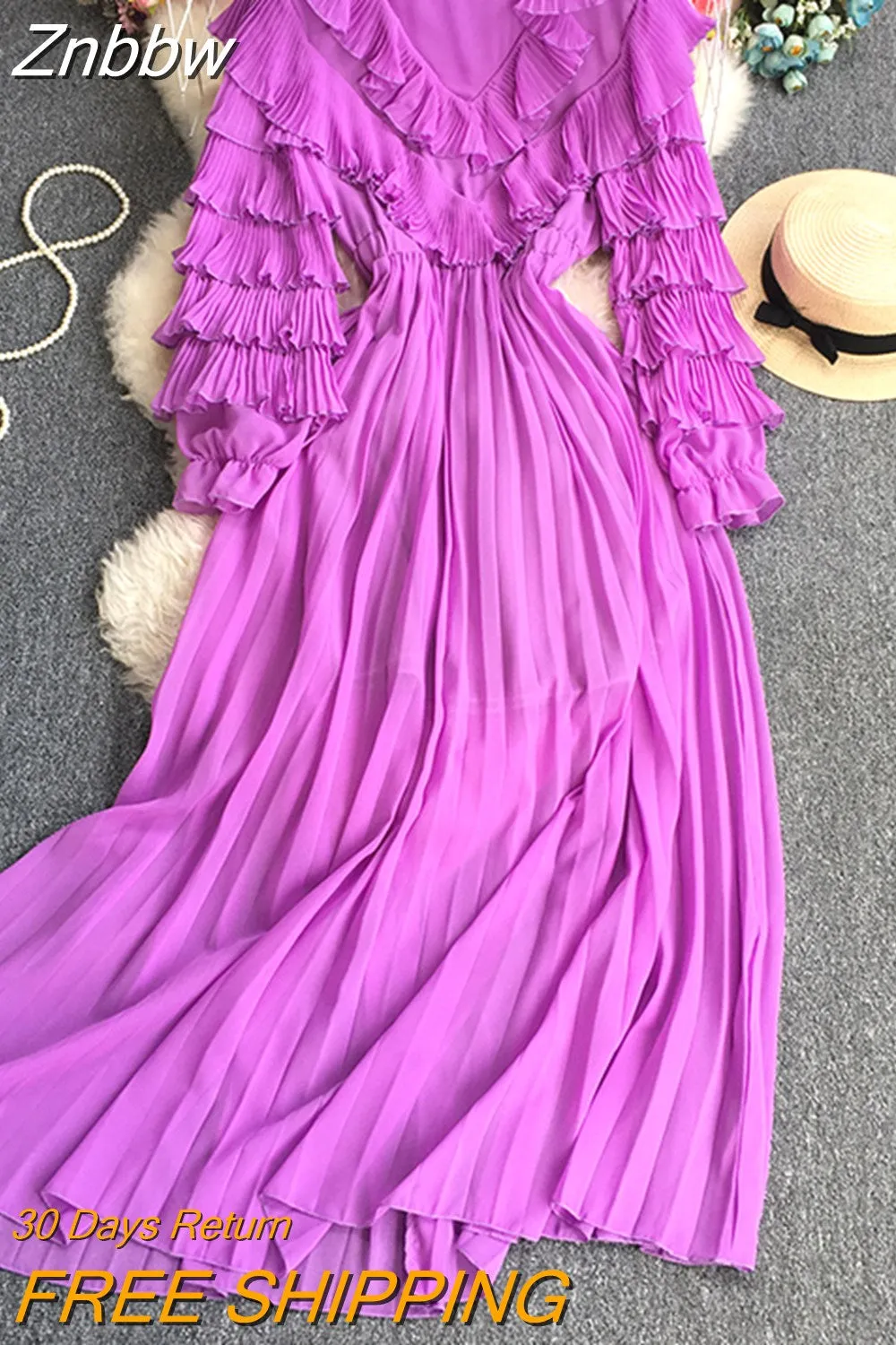 Znbbw Women Spring Autumn Dress Temperament Fold Solid Color Round Neck Sweet A-line Pressed Lace Long Sleeve Dress D2301 - Image 9