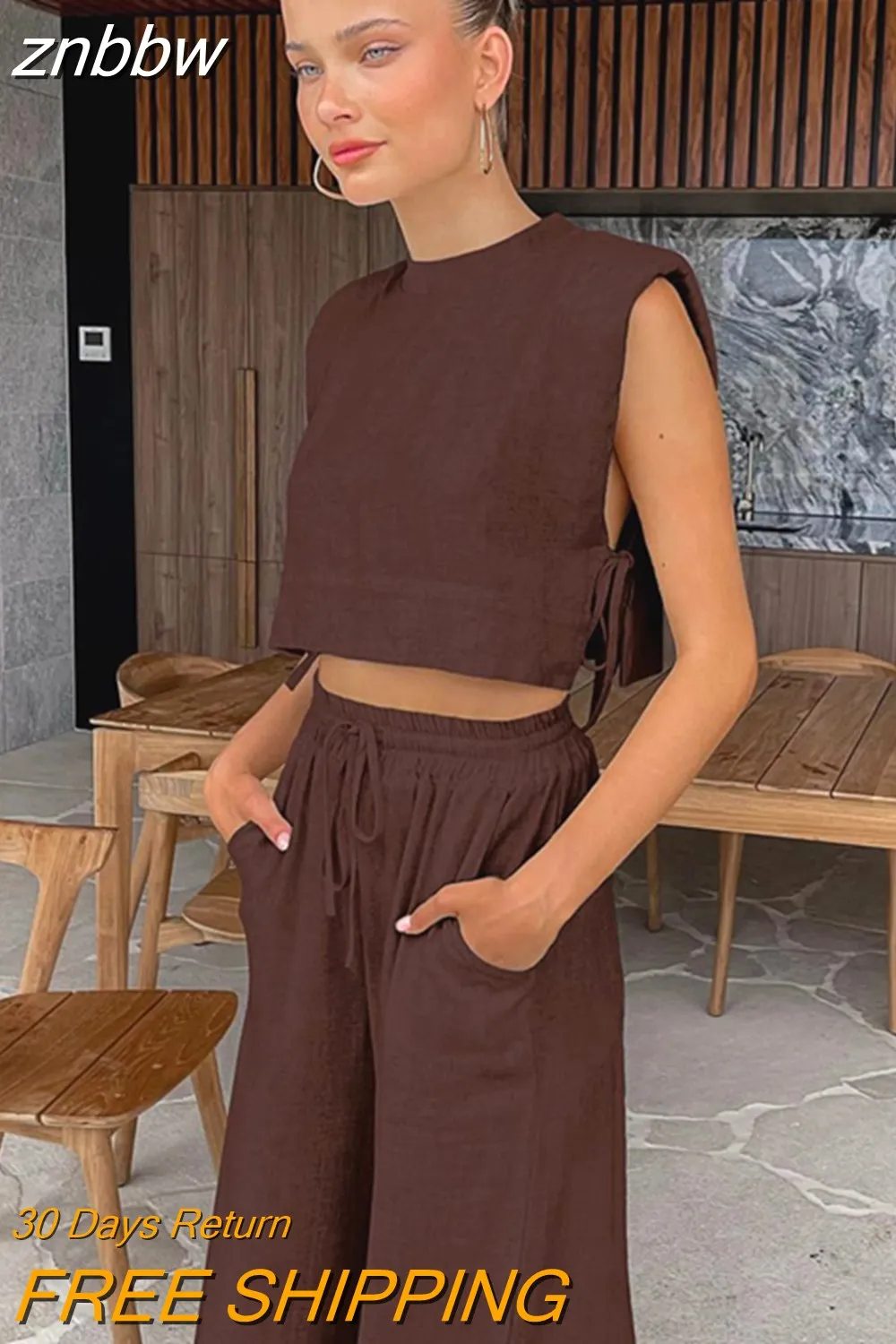 znbbw 2023 Women Holiday Linen Pant Set Crop Tops Solid Outfits 2 Two Piece Matching Set For Women Sleeveless Casuals Fashion - Image 2