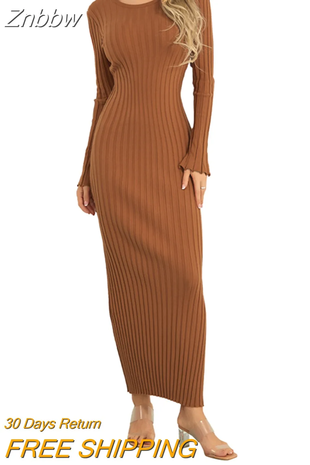 Znbbw Women's Knit Ribbed Long Dress Long Sleeve O Neck Wrapped Pencil Dress robe femme vestidos de mujer casual elegante - Image 6