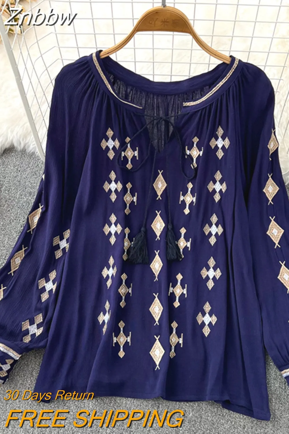 Znbbw Versatile Embroidery Shirt Women's Spring Autumn 2023New V-Neck Long Sleeve Bohemian Loose Blouse Womens Tops G06 - Image 9