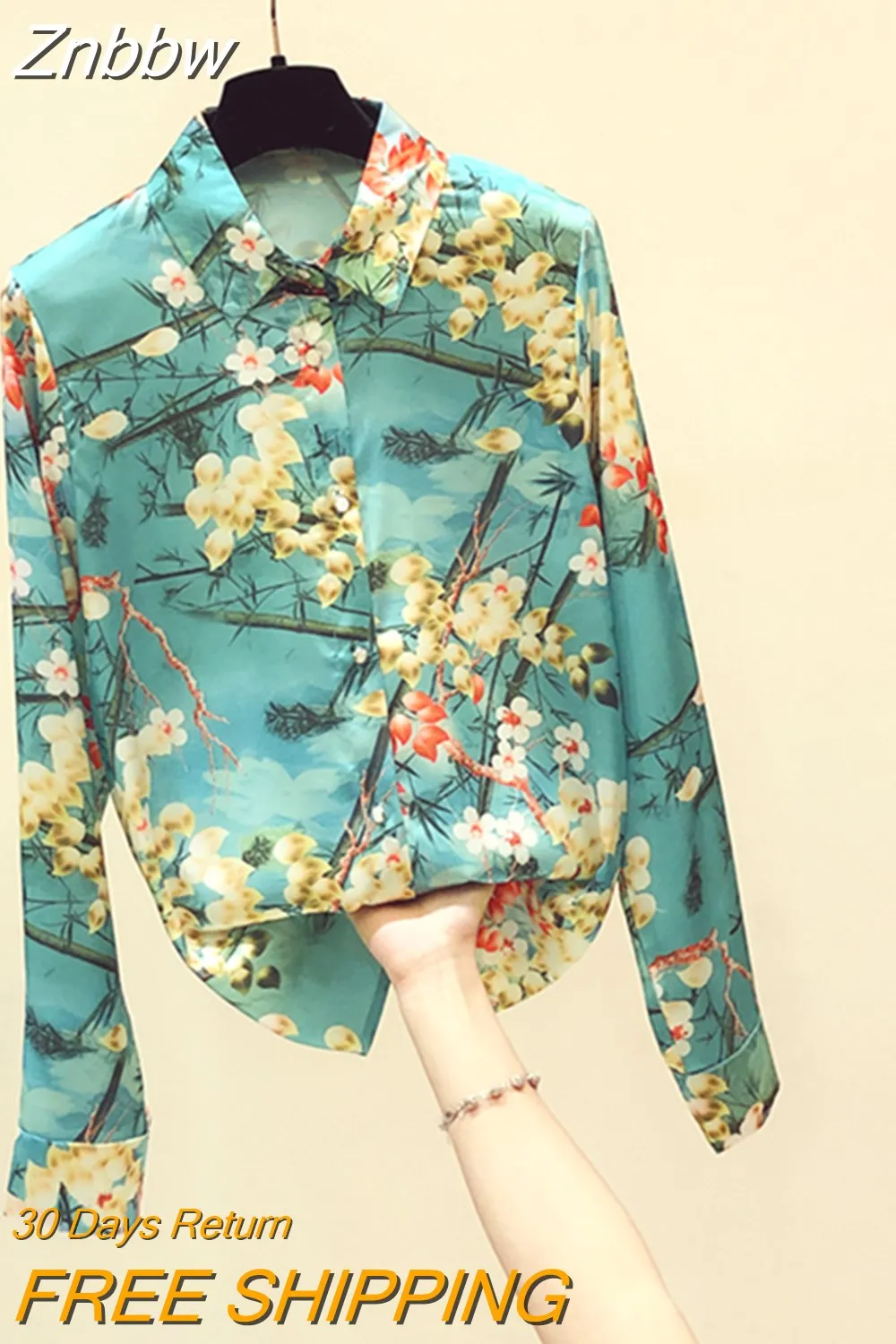 Znbbw Fall New Fashion Floral Blouse Female Lapel Is Thin Temperament Long-sleeved Blusa High-end Shirt KK1481