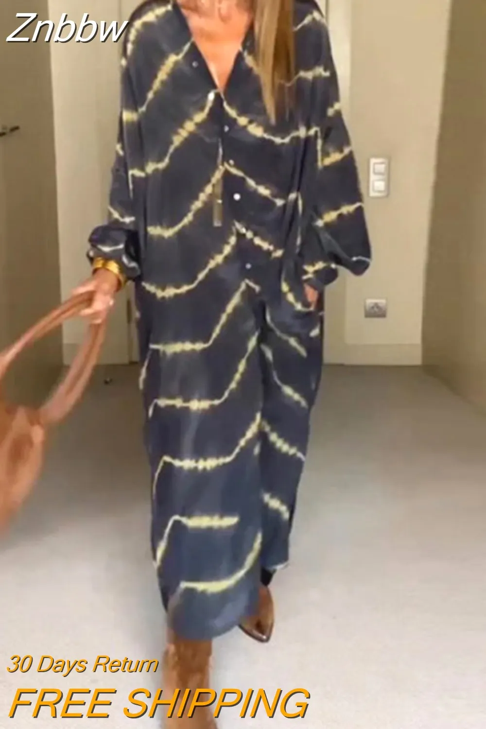 Znbbw Women's V-neck Loose Robe Dress Female Casual Single Breasted Straight Dress Vintage Printed Long Sleeved Bohemian Dress - Image 2