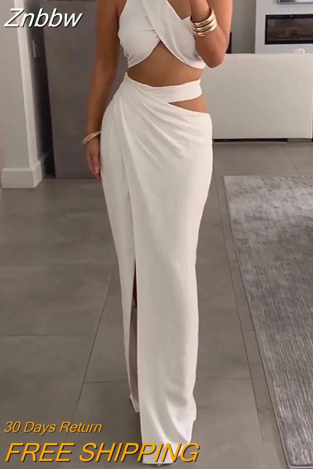 Znbbw Women Two Piece Set Fashion Sexy Solid One Shoulder Sleeveless Top Loose Slit Cutout Long Skirt Sets High Streetwear