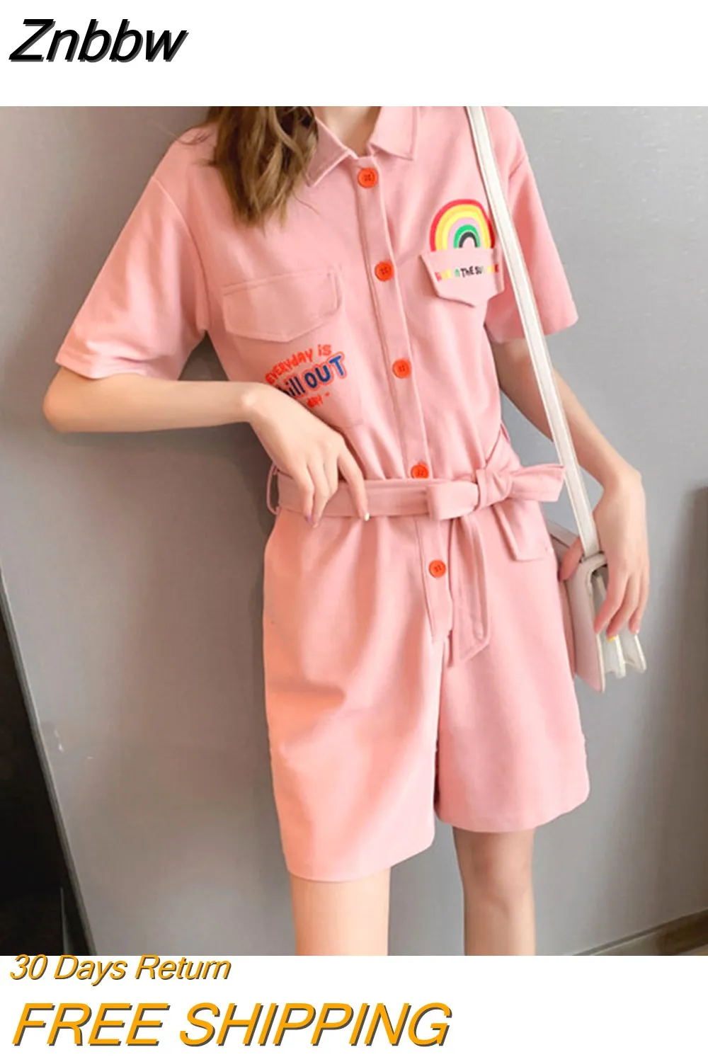 Znbbw Women Lovely Rainbow Printed Summer Chic Lace-up Harajuku Teens Streetwear Leisure Ladies Lavender Romper Jumpsuits New