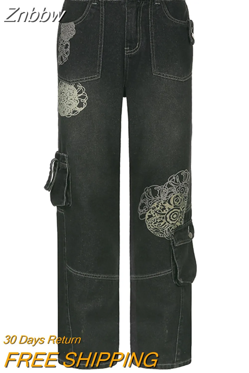 Znbbw Women Wide Leg Jeans Vintage Printed Y2K Low Waist 2023 Baggy Pants Casual Retro Graphic Streetwear Pocket Cargo Denim Trousers - Image 4