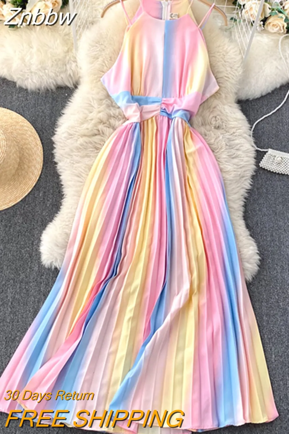 Znbbw Summer Temperament Vestidos Feminine Strapless Sling Square Collar Rainbow Gradient Color Slimming Holiday Midi Dress C361