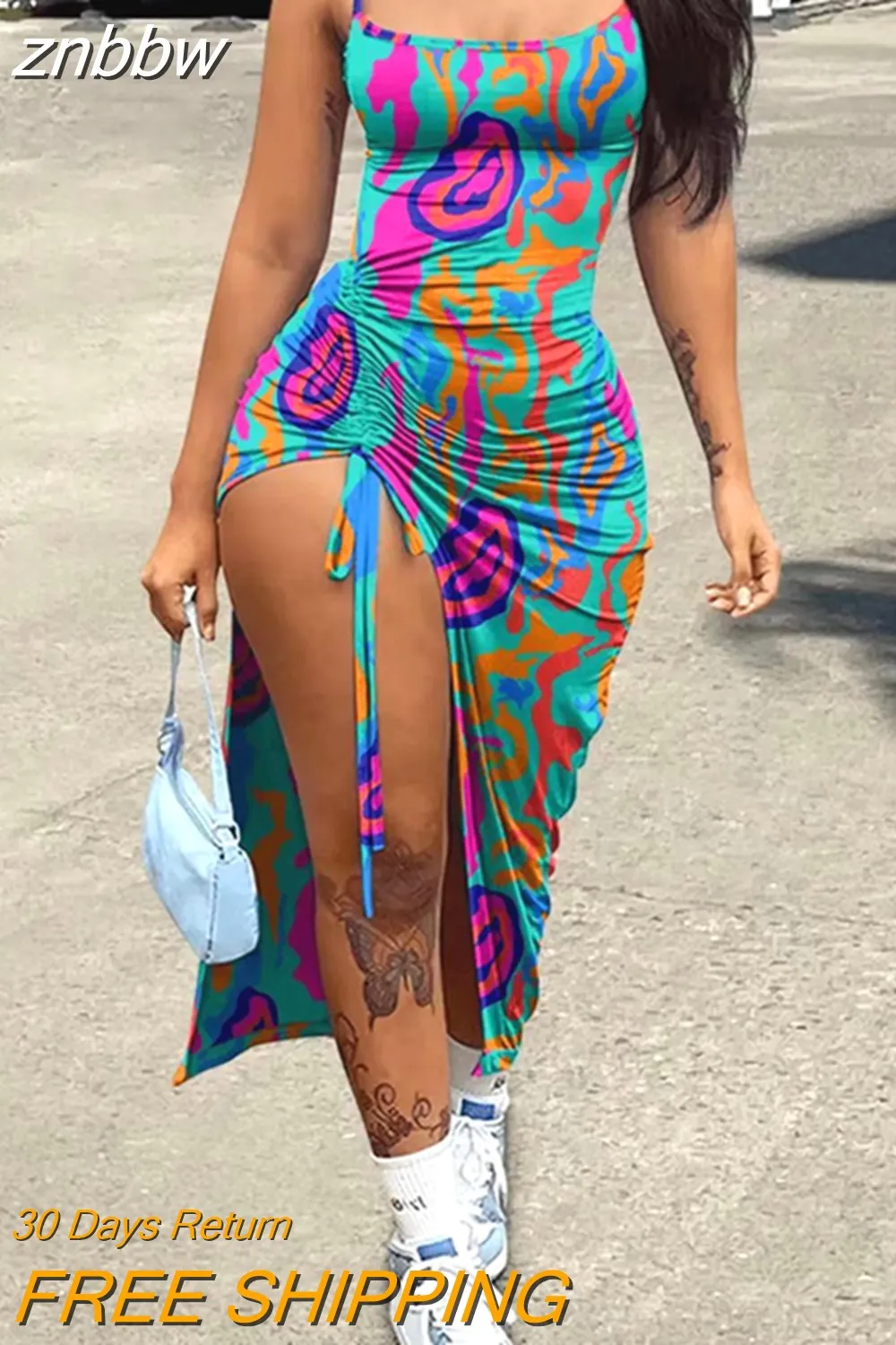 znbbw Red Printing Cami Long Dress Night Club Outfit For Women 2023 Summer Pink Bodycon Pleated Backless Split Maxi Dress 912 - Image 4