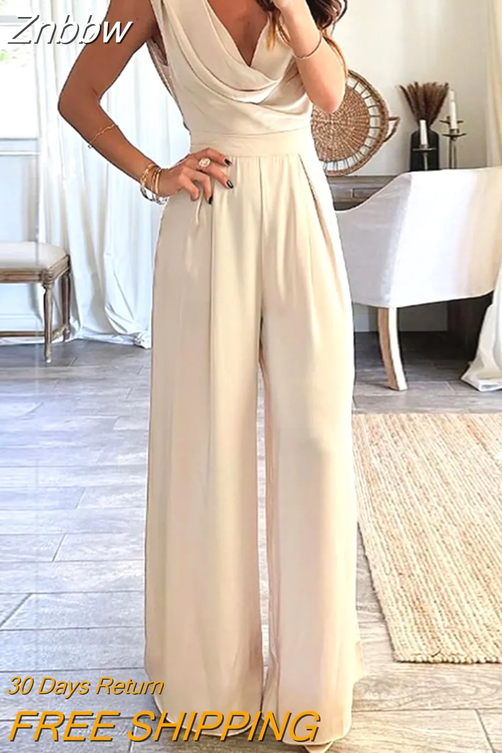 Znbbw Women Jumpsuits Summer Fashion Temperament Cowl Neck Sleeveless Solid Rose Nipped Waist Wide Leg Pants Rompers High Stree