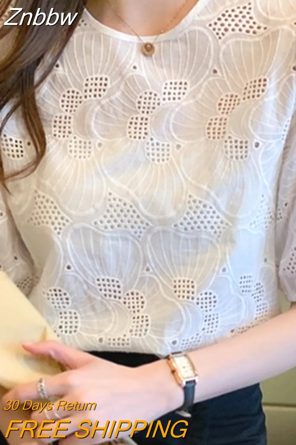 Znbbw Women White Blouse Tops Short Sleeve Hollow Chiffon Blouse Shirt Blouse Women Blusas Mujer De Moda 2023 Blouses Top E949 - Image 7