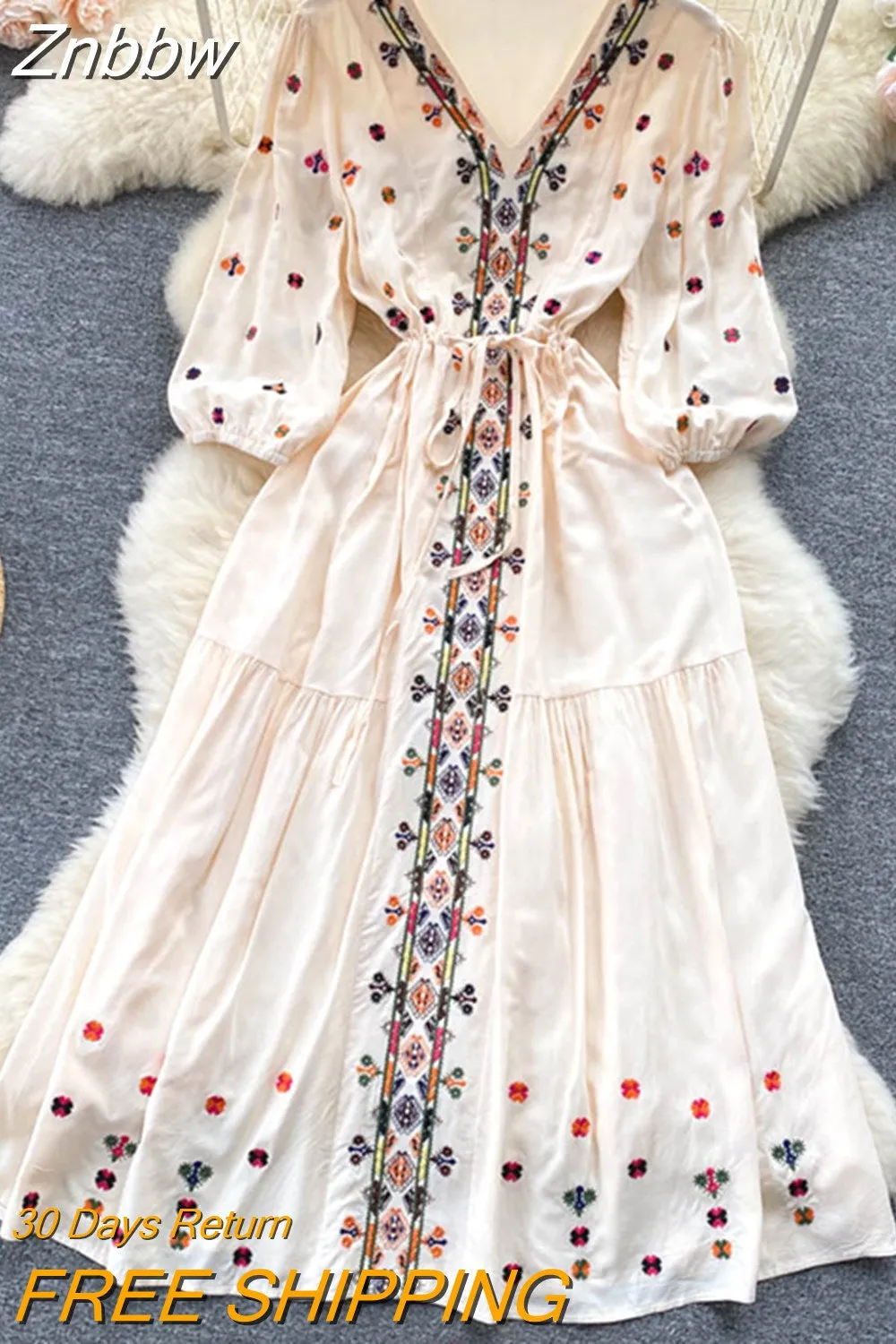 Znbbw Summer Bohemian Dress Retro Ethnic Style Embroidery V-neck Waist A-line Seaside Holiday Swing Long Vestidos Dress G12