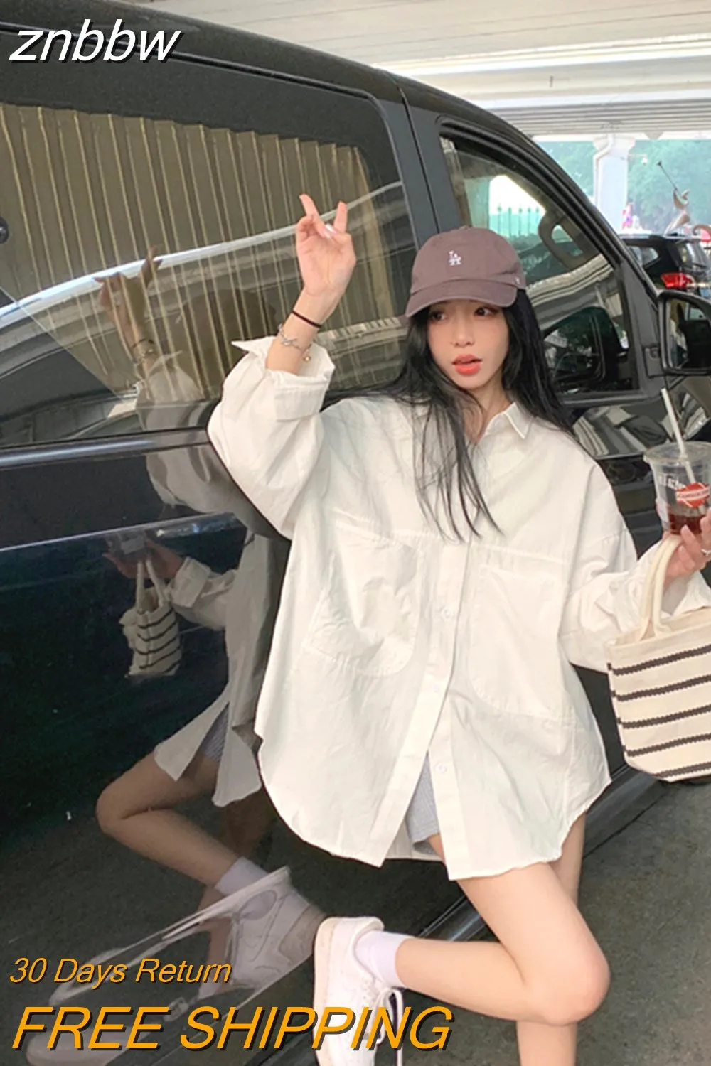 znbbw 2023 Summer Unisex Long Sleeve Oversize Women White Shirt Korea Style Button Up Pocket Woman Blouse Female Clothing Tops