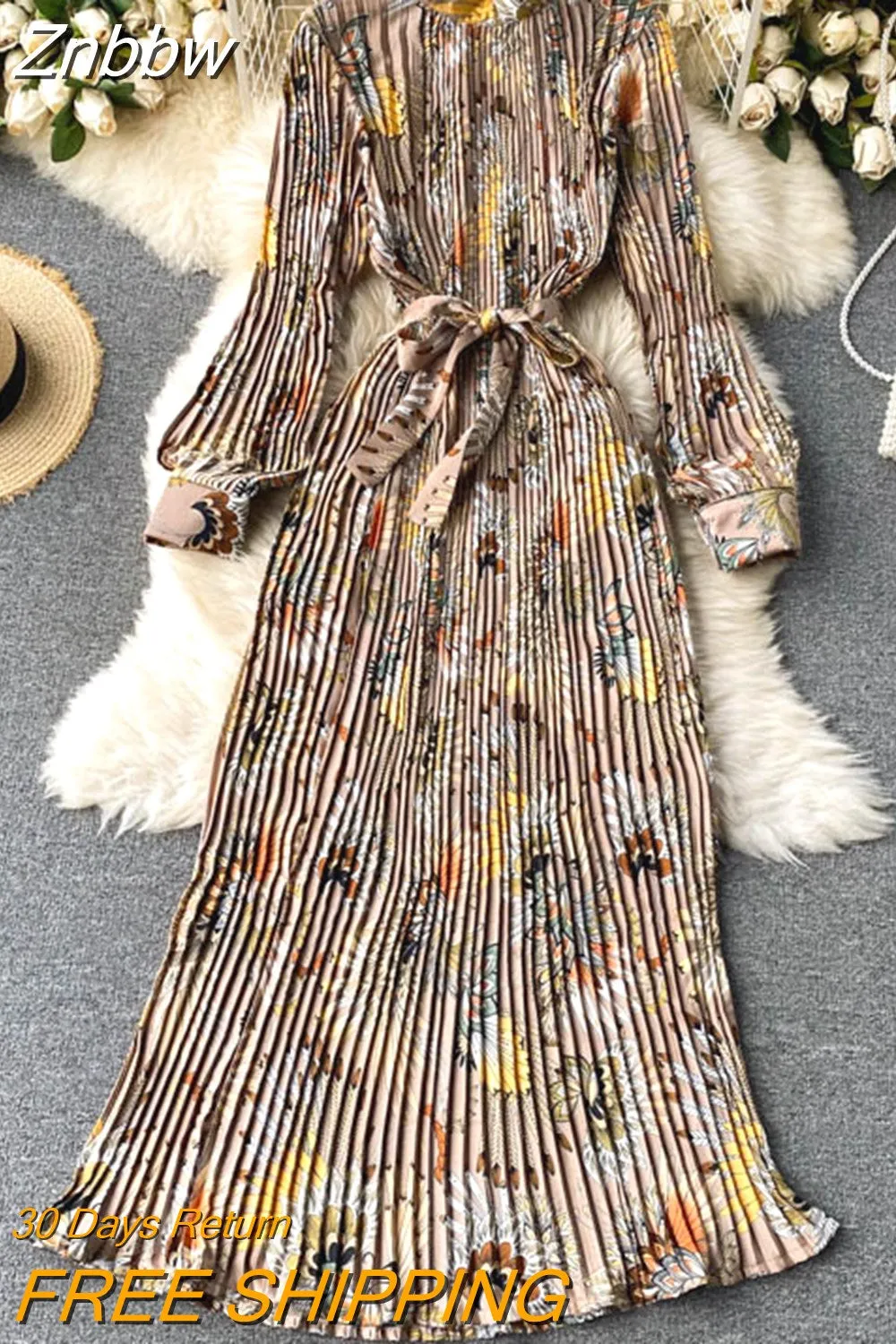 Znbbw Spring Autumn New Dress Temperament Turtleneck Waist Slim Long Sleeves Lace Up Wild Floral Maxi Vestidos Female UK016 - Image 8