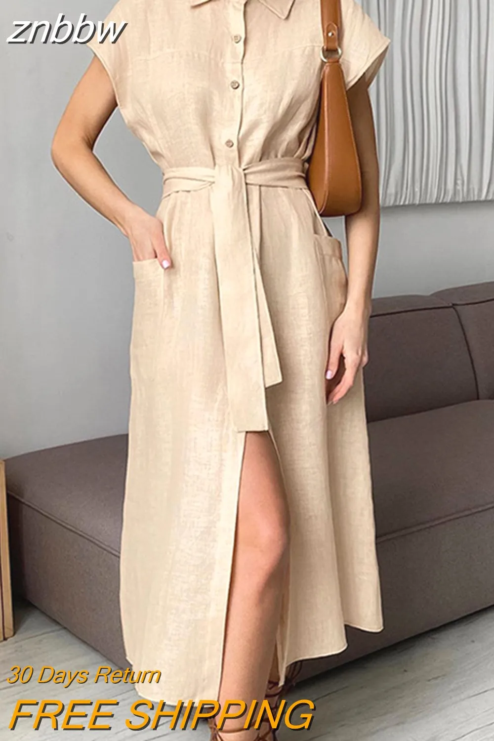 znbbw Women Lapel Single-Breasted Dress Spring Summer New Commute Holiday Cotton Linen Dress Temperament Elegant High Waist Long Dress - Image 3