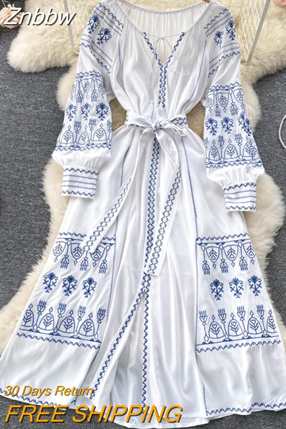 Znbbw Autumn French Vintage Long Sleeve Embroidered Dress Feminine High Waist Slit Long Swing Dresses for Women GD694