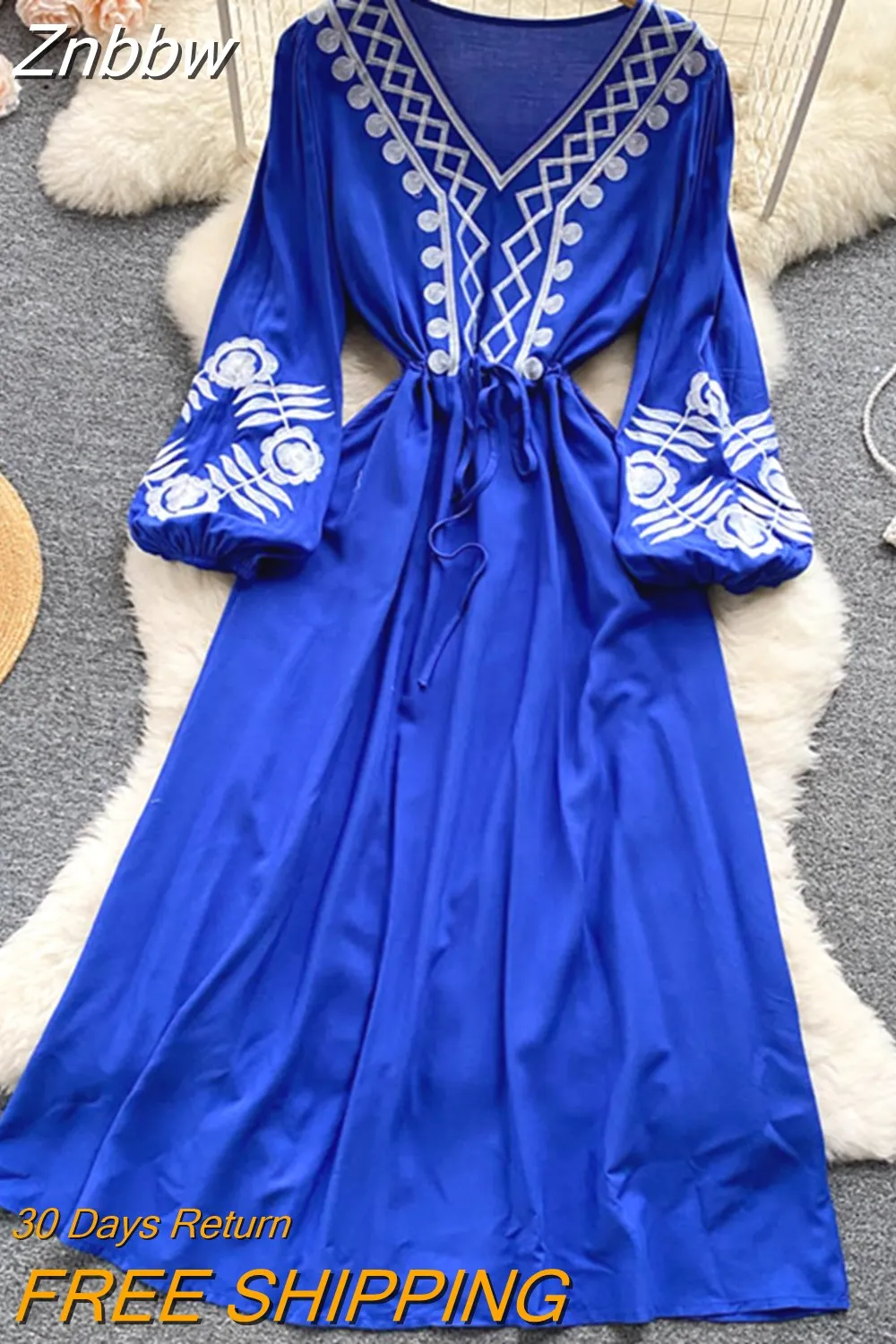 Znbbw Autumn Waist Slim Embroidery Temperament V-neck Dress Female Hepburn Style Lantern Sleeve Black Long Vestidos Women D1570 - Image 7