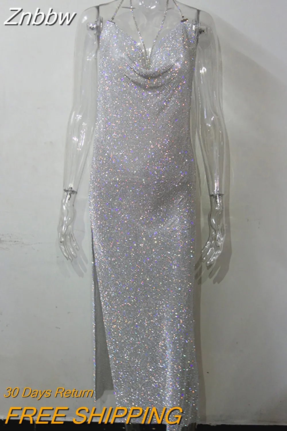 Znbbw 2023 Shine Crystal Metal Long Dress Women Backless Summer Maxi Dress Split Sexy Party Dresses Vestidos - Image 4