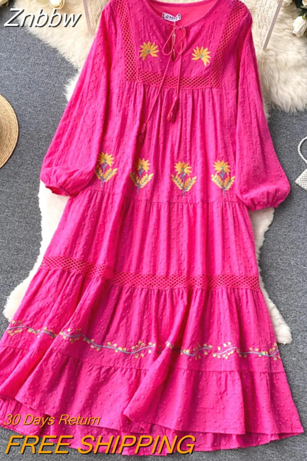 Znbbw Autum New Bohemian Holiday Style V Neck Dress Female Puff Sleeves Loose Large Version Mid-length Vestidos Women D1331 - Image 8