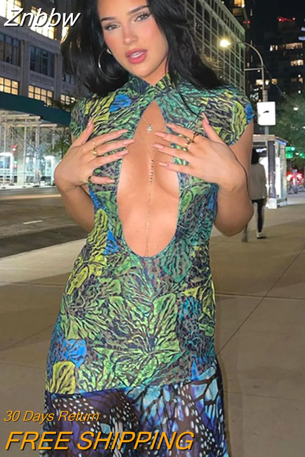 Znbbw Women Short Sleeve Hollow Out Bodycon Printed See Through Midi Dress 2023 Summer Clothes Wholesale Items For Business