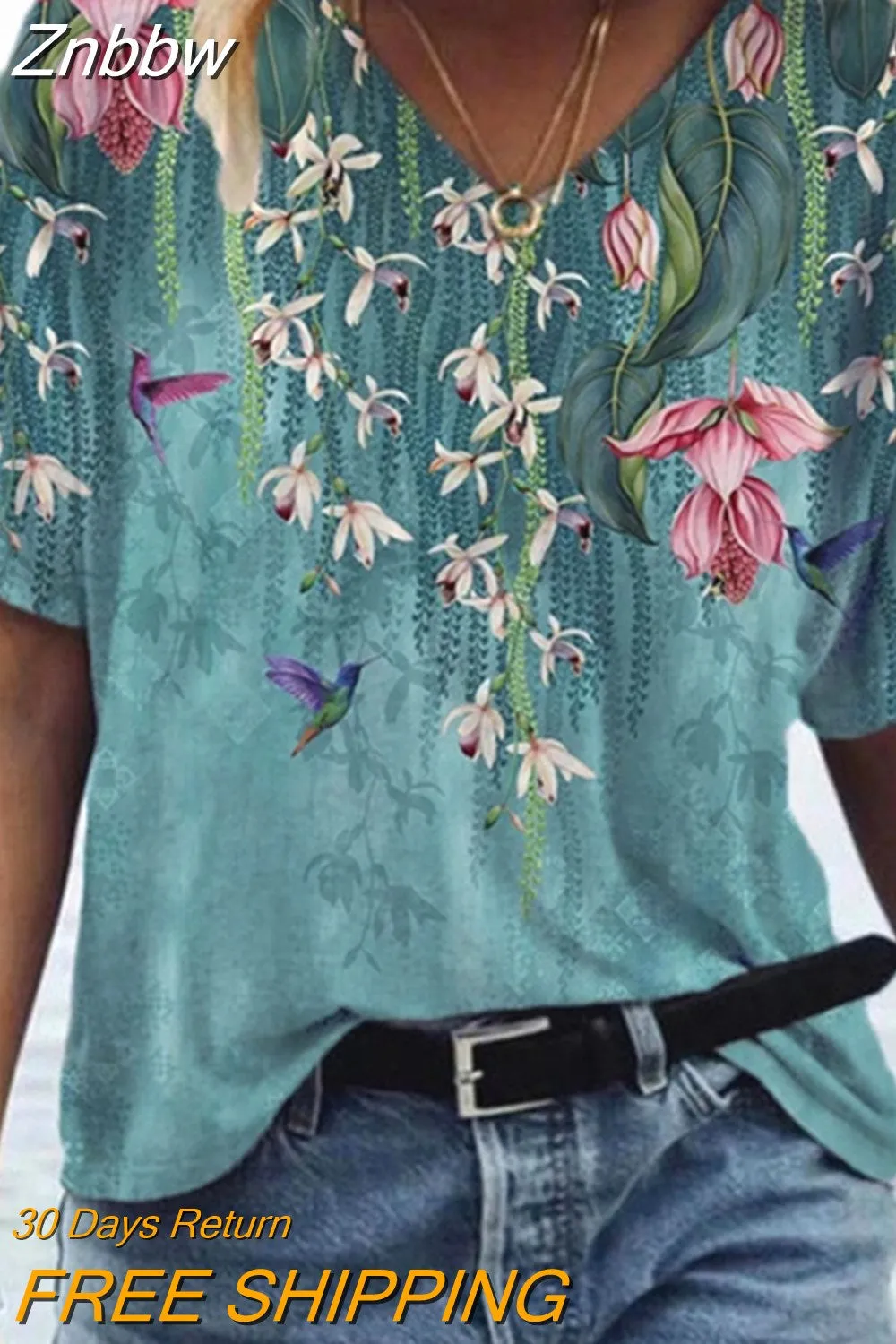 Znbbw 3D Floral Print T-shirts Women Fashion Short Sleeve Loose Tops Casual V-neck High Street Tee Plus Size Top Streetwear - Image 2