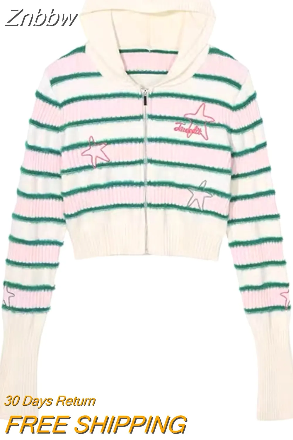 Znbbw Y2K Vintage Striped Cropped Cardigan Women Harajuku Kawaii Star Embroidery Sweater Korean Sweet Hooded Knitted Tops 00s - Image 2