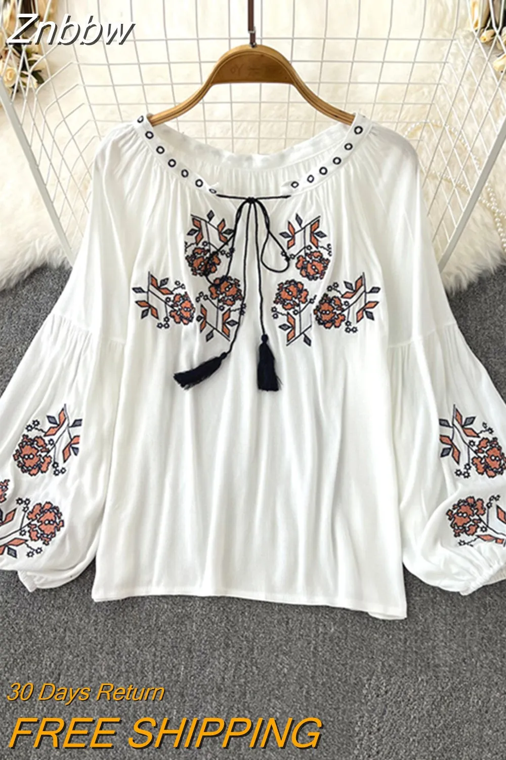 Znbbw Women's Retro Blouse National Style Embroidered Lace-Up Tassel V-Neck Lantern Sleeve Tops Loose All-Match Female Blusa G05