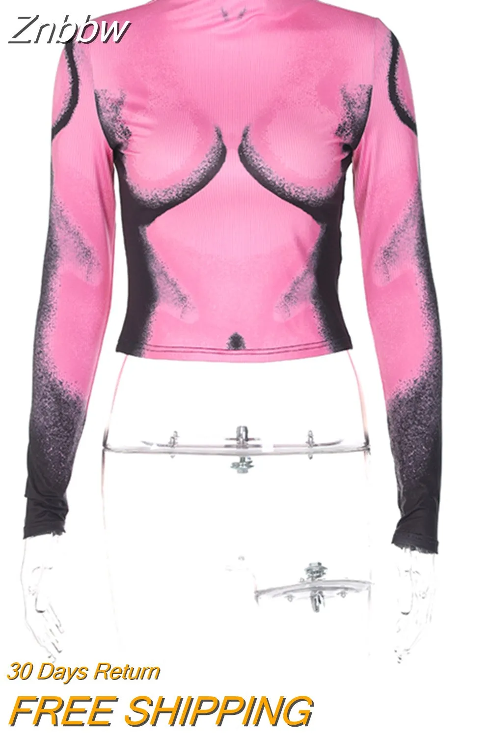 Znbbw Abstract Print Slim Fit T-Shirts Women O Neck Long Sleeve Crop Top 2023 Spring Fall Casual Lolita Y2K Clothes - Image 5