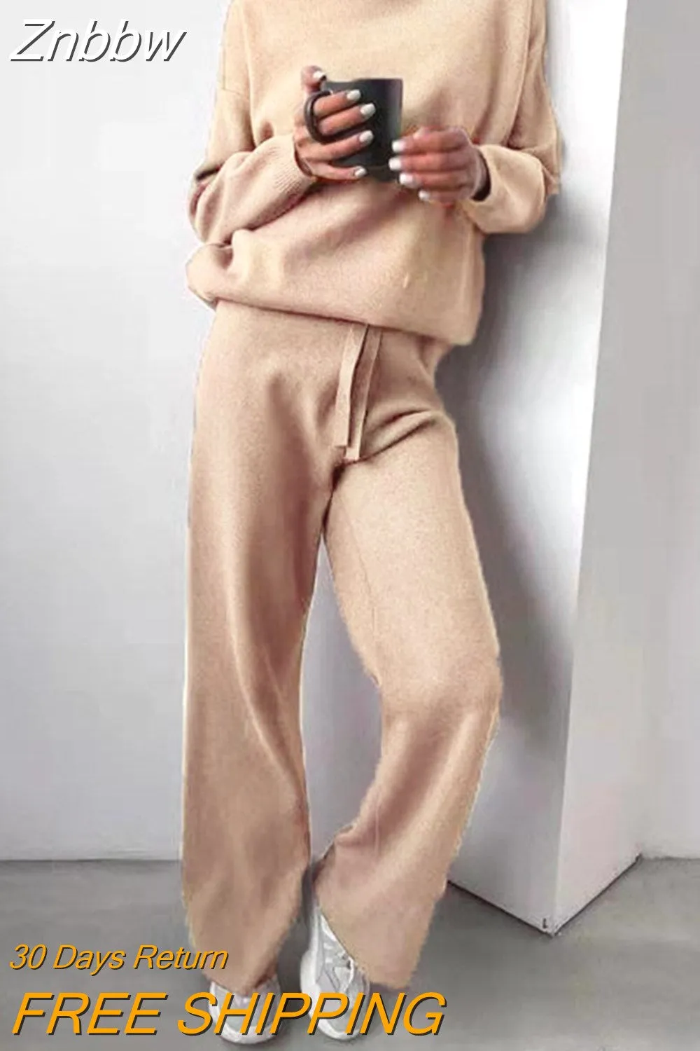 Znbbw Women Knitted Two Piece Set 2023 Autumn Solid Color Long Sleeve Turtleneck Sweater Casual Wide-Leg Straight Pant Loose Tracksuit - Image 5