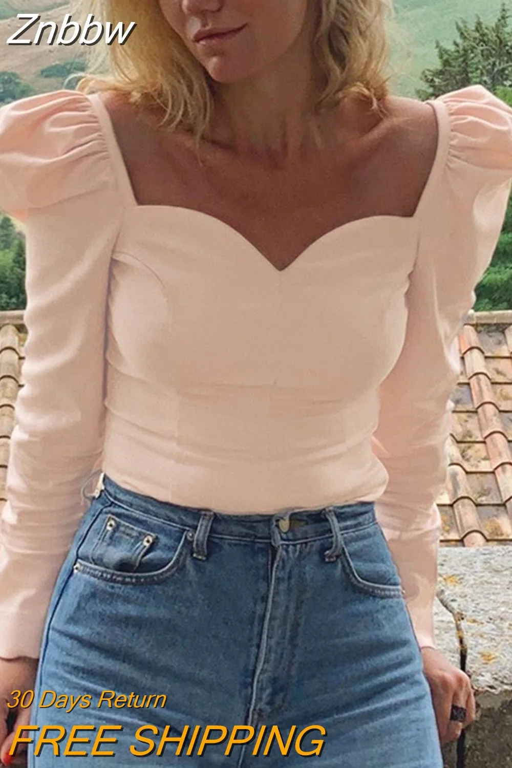 Znbbw Offer Hot Sale Korean2023 autumn solid color vintage new women shirts puff sleeve square sexy small V-neck Slim blouse