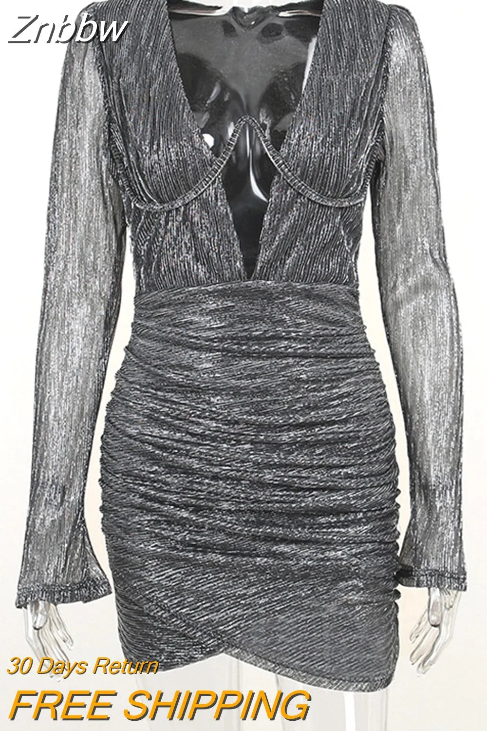 Znbbw 2023 Autumn Deep V Collar Full Sleeve Mini Dress For Women Gown Fashion Sexy Ruched Club Party Dress Clothes - Image 2