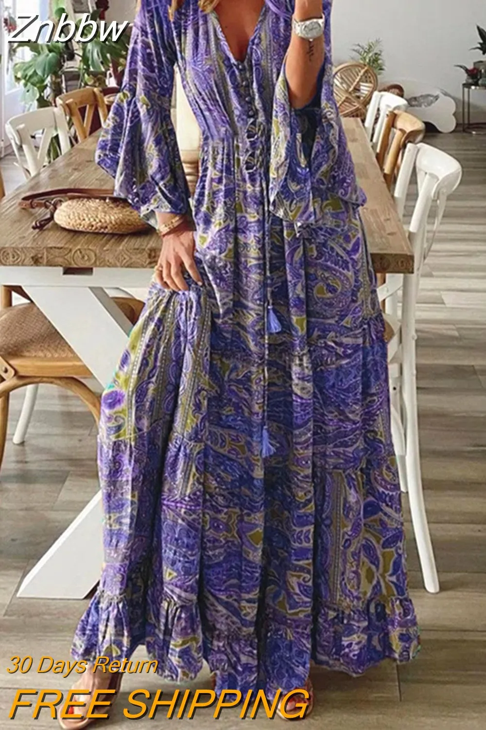 Znbbw Women Retro Boho Dress Summer Sexy V-neck Long Flare Sleeve  Flowral Print Pleated Long Dress Female Casual Holiday Maxi Dresses - Image 2