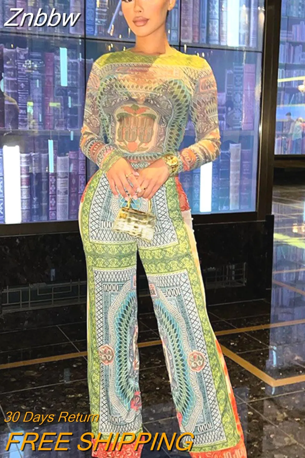 Znbbw Women Long Sleeve Mesh T Shirt Tops Long Pants Two Piece Sets Outfits 2023 Autumn Clothes Wholesale Items For Business - Image 4