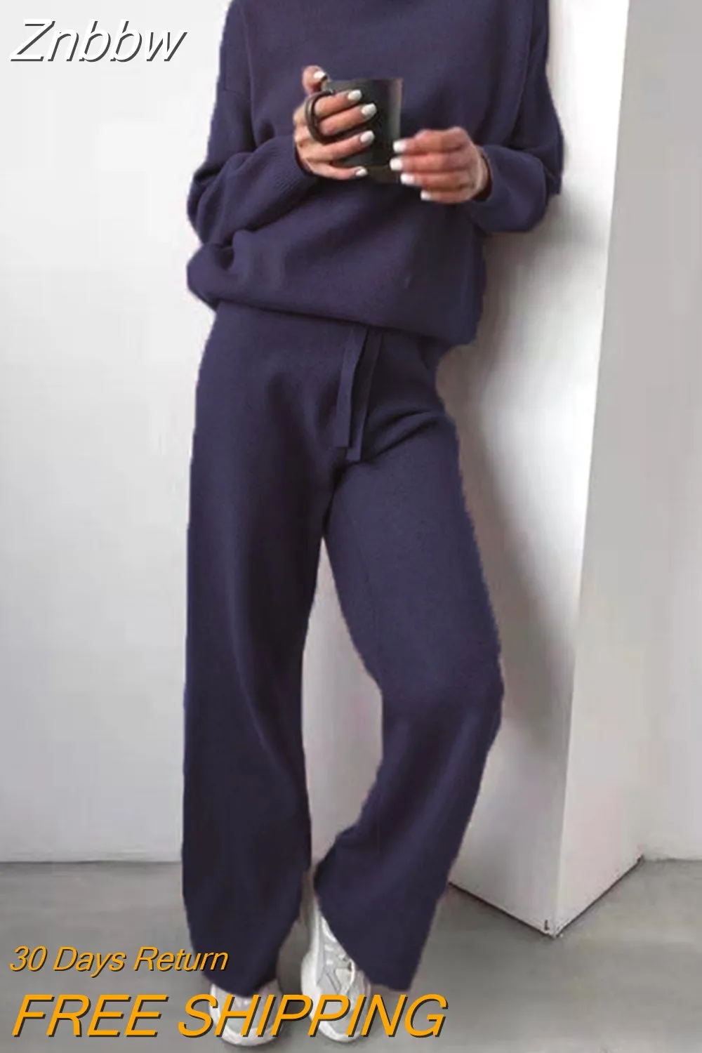 Znbbw Women Knitted Two Piece Set 2023 Autumn Solid Color Long Sleeve Turtleneck Sweater Casual Wide-Leg Straight Pant Loose Tracksuit - Image 3