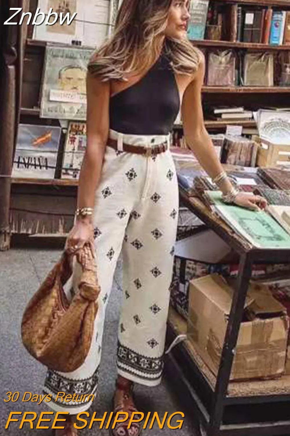 Znbbw Women's Embroidery Pants Summer Fashion Female Pockets Mid-waist Wide Leg Trousers Lady Casual High Street Zipper Pants 0410