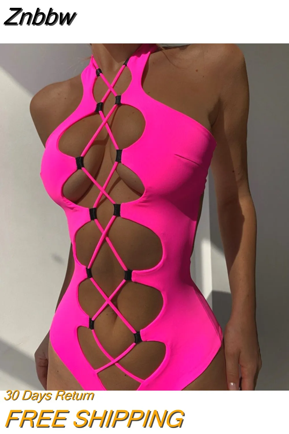 Znbbw Bandage Women's Swimsuit Sexy Hollow Out Swimwear Extreme Microbikini One Piece Bodysuit Whole Halter Bathing Suit - Image 3