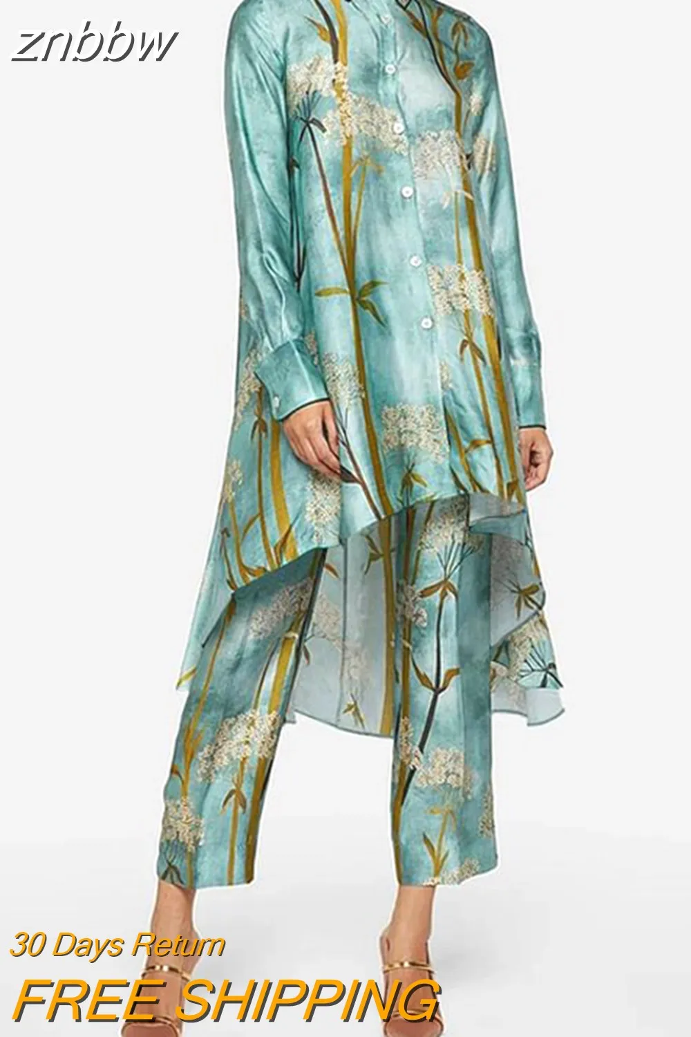 znbbw Women Spring Chic New Loose Outfits Fashion Street Long Sleeve Shirt Suits Lapel Shirts + Trousers Art Print Two Piece Set - Image 2