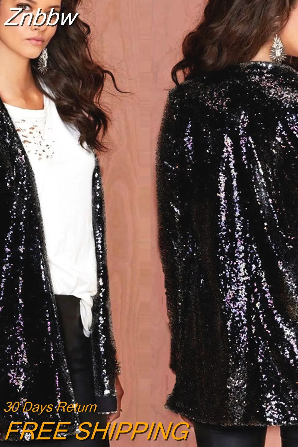 Znbbw 2023 Autumn Sequin Jacket Long Sleeve Women Blazer Jacket Casual Loose Blouses Sparkle Glitter Top Clubwear - Image 4