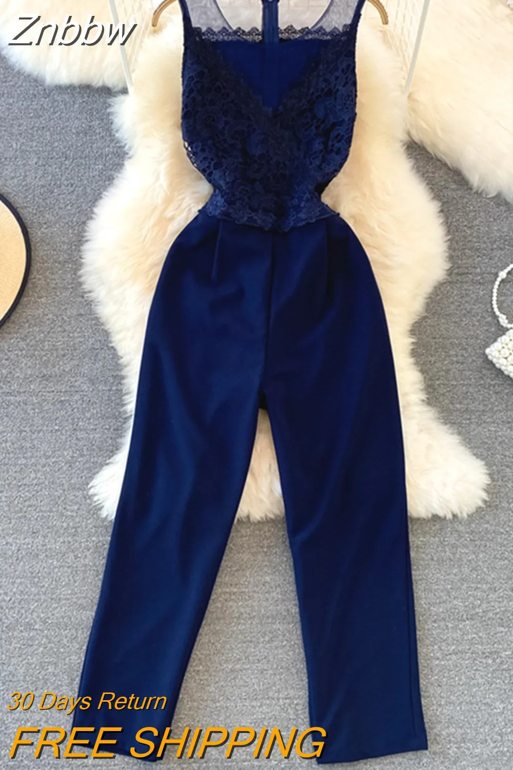 Znbbw Women Summer Jumpsuits Self-cultivation Fashionable Jumpsuit Round Neck Lace Panel Waist Tight Straight Jumpsuit Long Pant D2729 - Image 6