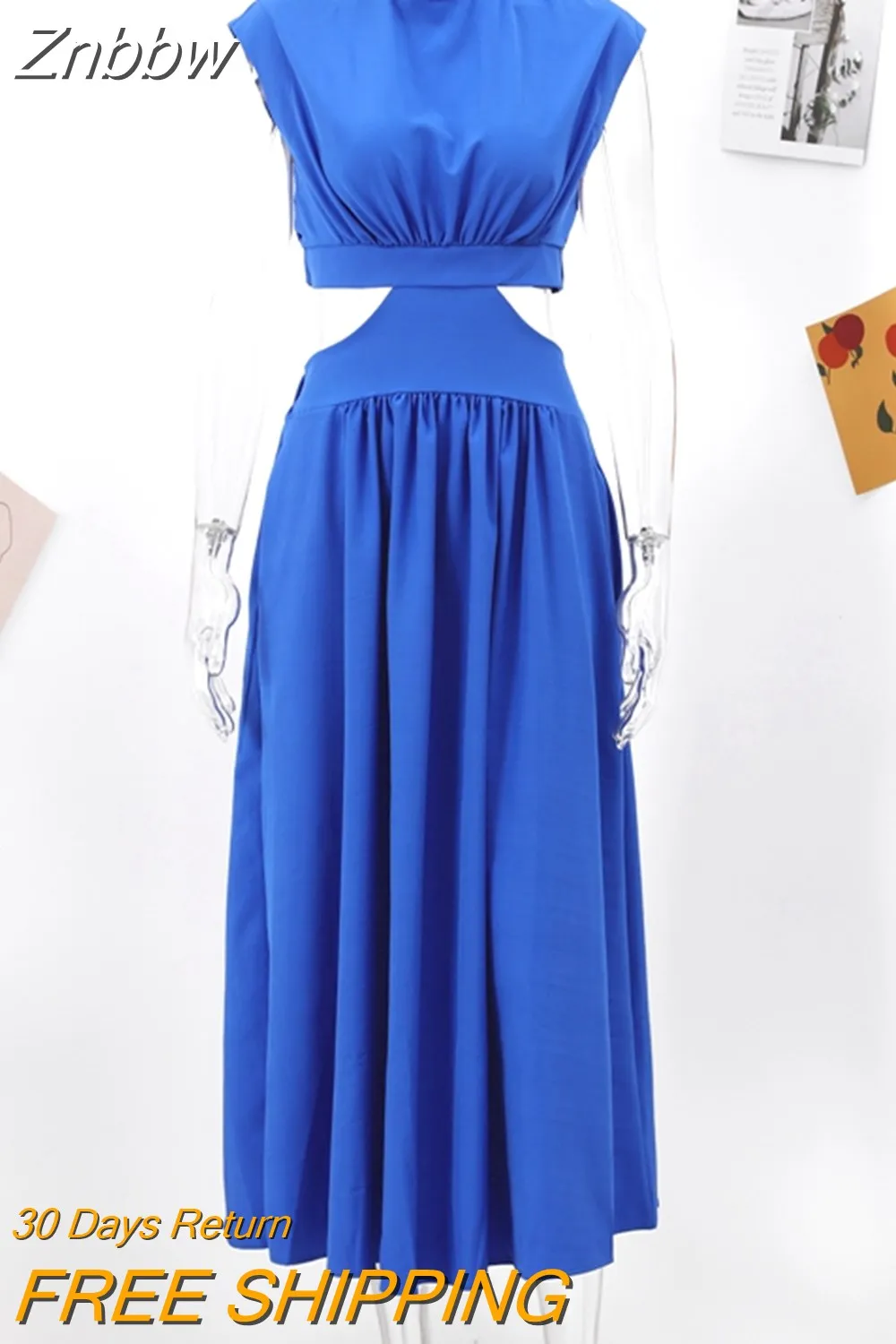 Znbbw Women Solid Sexy Long Dresses 2023 Summer Casual Hollow Waist Cut Sleeveless Dress Female Elegant Backless Holiday Maxi Dress - Image 4