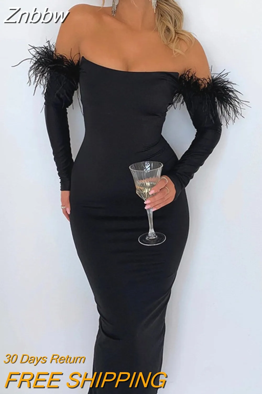 Znbbw Elegant Off-shoulder Feather Sleeve Maxi Dress Women 2023 New Strapless Backless Bodycon Long Dress Vestido - Image 4