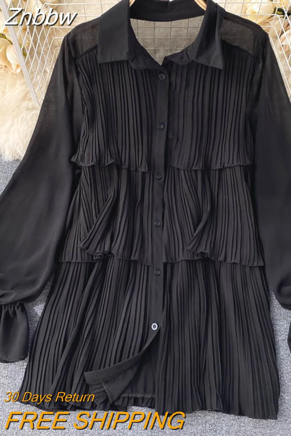 Znbbw Women's Spring Autumn Shirts New Design Niche Pleated Ruffled Mid-length Bubble Puff Sleeve Chiffon Top Female Blusa GX1044 - Image 6