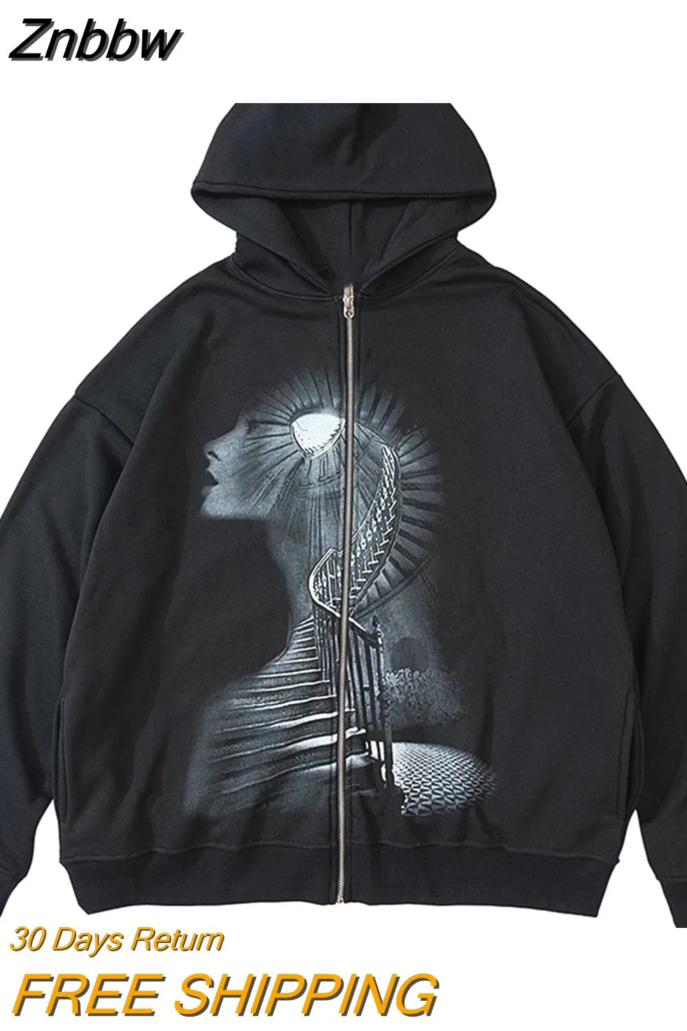Znbbw Printing Dark stairs 2023 Summer Zip Up Oversized Hoodie Goth Hoodies Women Grunge Hooded Jacket Streetwear Retro Clothes