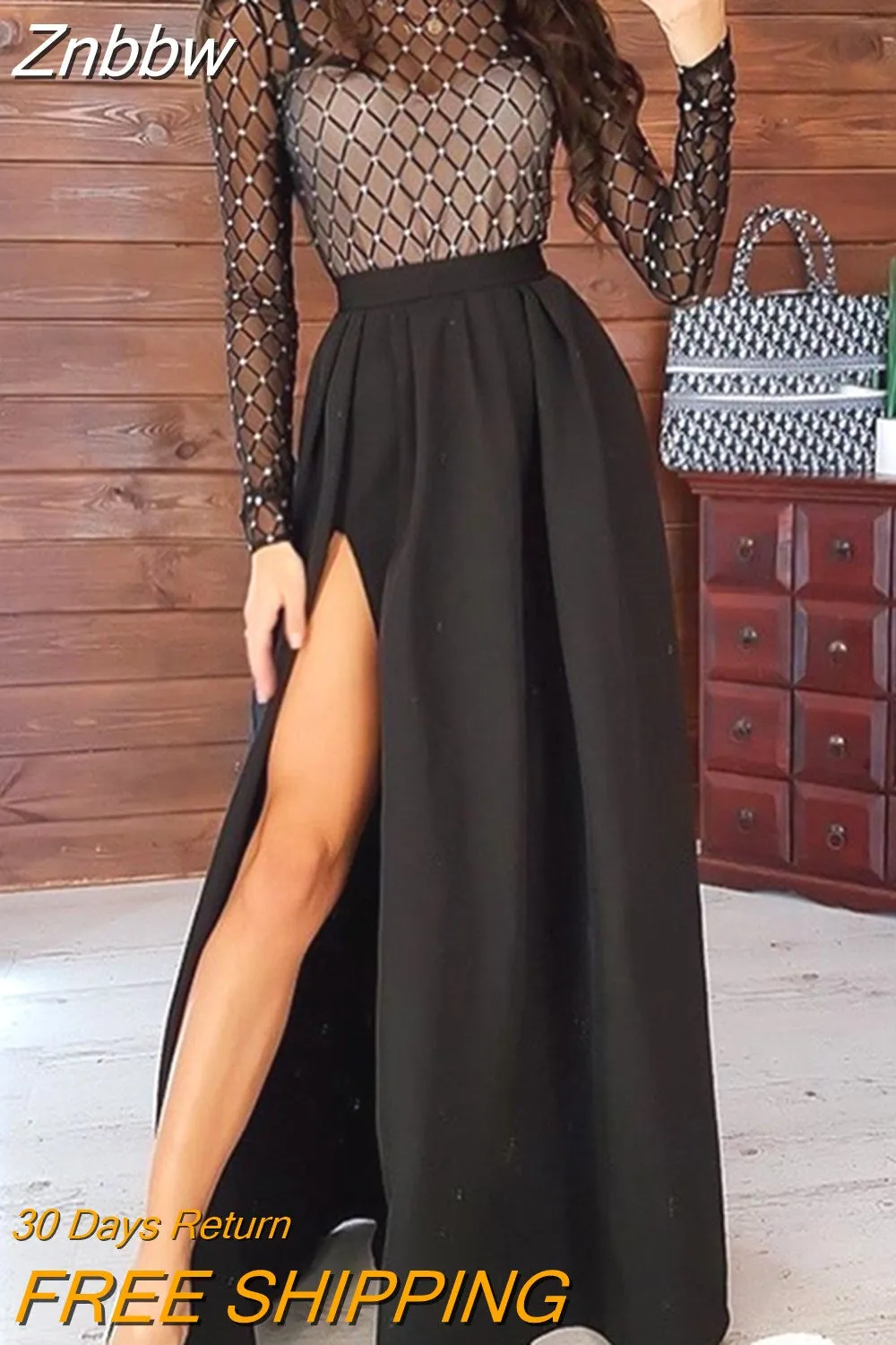 Znbbw Women Sexy Elegant Long Sleeve Lattice Glitter Diamond Turtleneck See Through High Waist Slim Bodycon Party Black Split Dress - Image 4