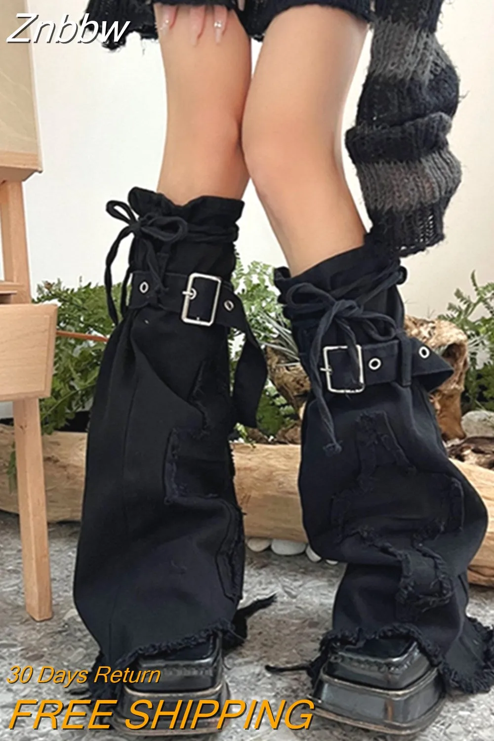 Znbbw Women's Harajuku Leg Warmers Cross Jacquard Tie-Up Gothic Calf Socks Loose Denim High Socks - Image 7