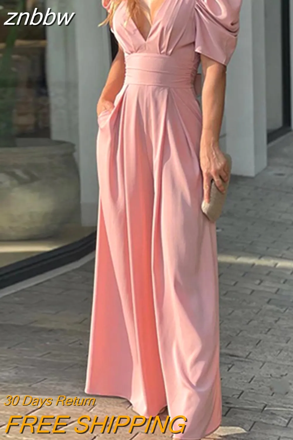 znbbw Women Sexy Backless Lace-Up Bow Romper Sexy Puff Sleeve Pocket Playsuits Fashion Solid Color V-Neck High Waist Wide Leg Jumpsuit - Image 2